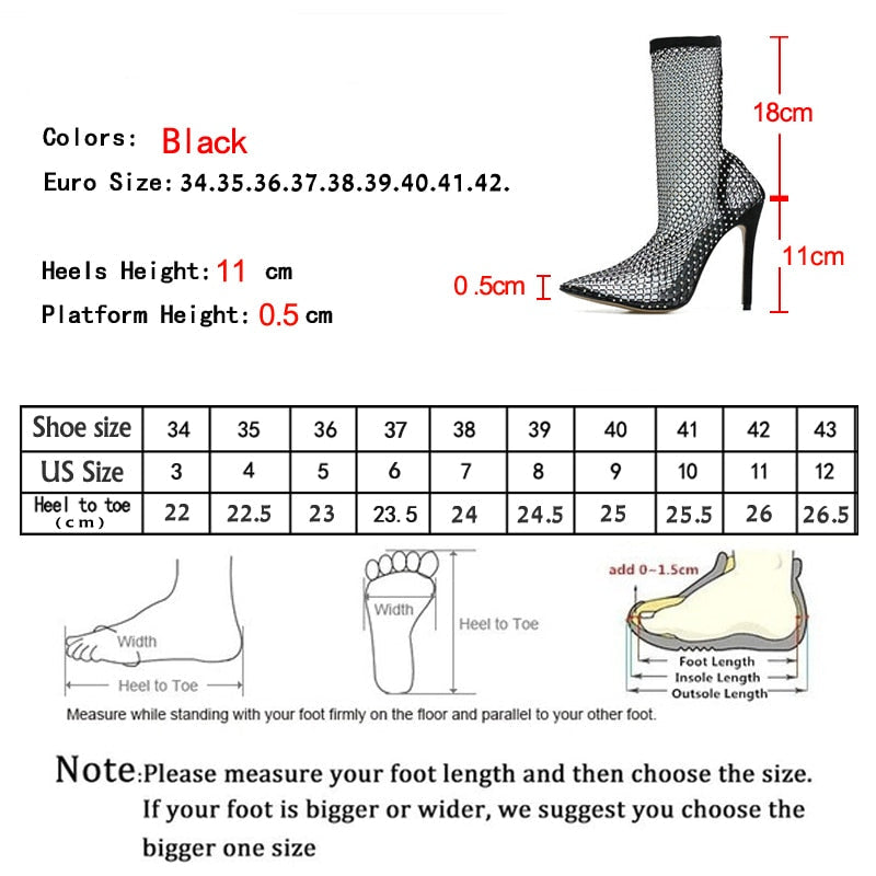 Crystal Rhinestone Mesh Stretch Fabric Sock Boots