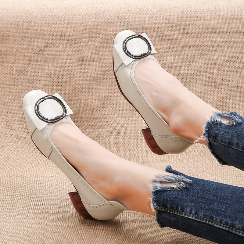 Genuine Leather Square Toe Pumps Women Shoes Low Heel Shallow Round Buckle Slip-On Leather Casual Shoes For Women