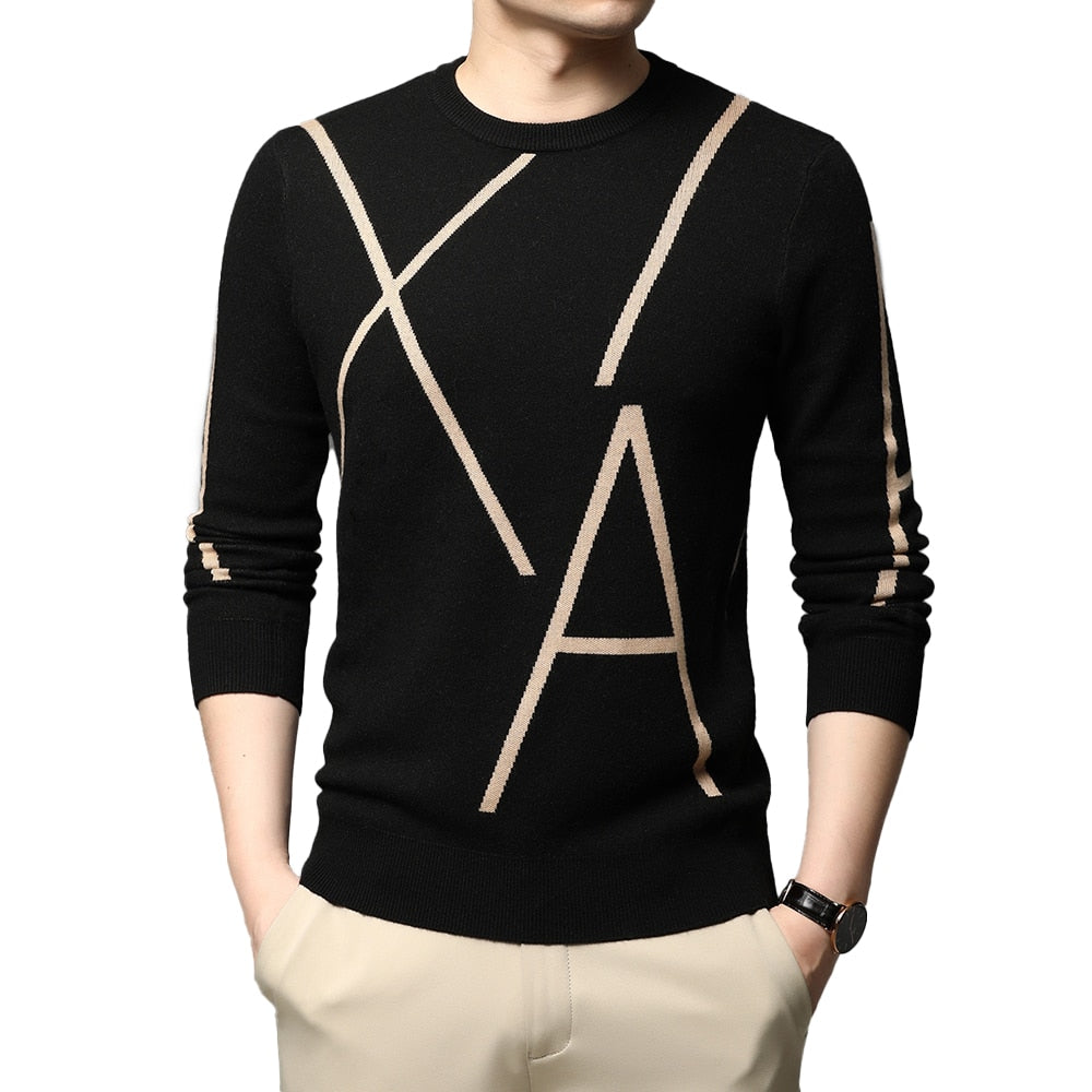 Knit High End Designer Winter Wool Pullover Black Sweater For Man