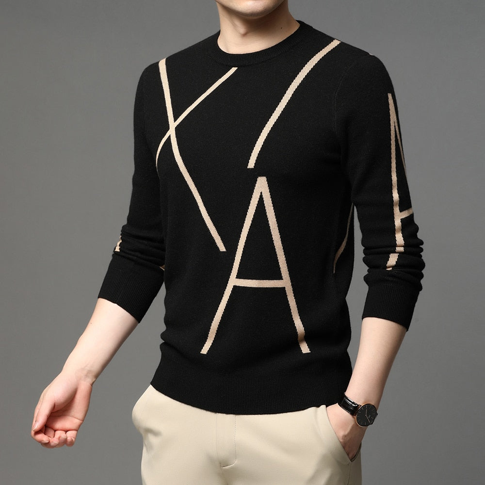 Knit High End Designer Winter Wool Pullover Black Sweater For Man