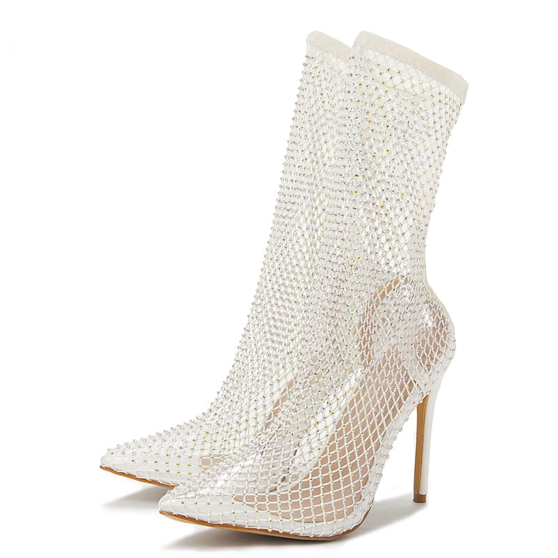 Crystal Rhinestone Mesh Stretch Fabric Sock Boots
