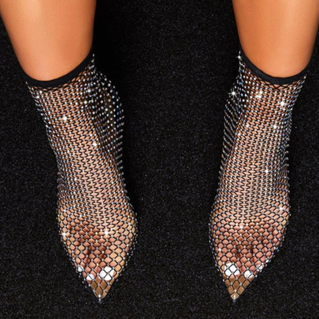 Crystal Rhinestone Mesh Stretch Fabric Sock Boots