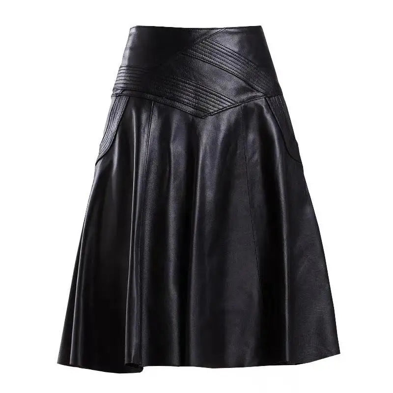 High Waist Leather Sheepskin Elegant Skirt