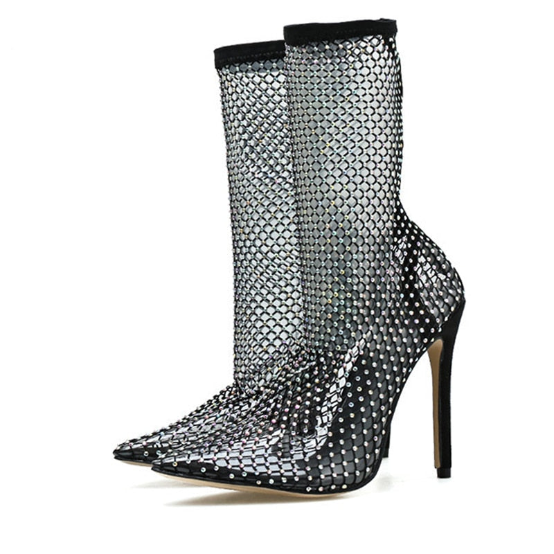 Crystal Rhinestone Mesh Stretch Fabric Sock Boots