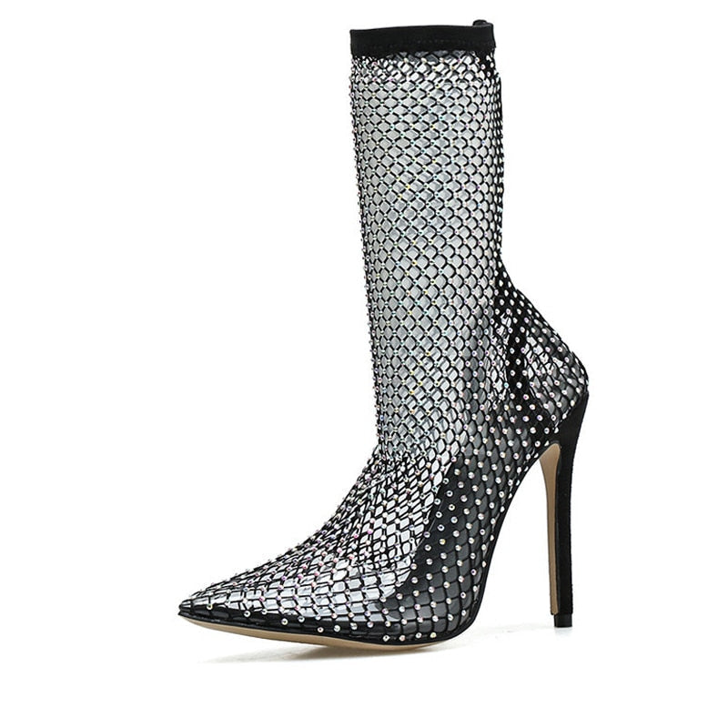 Crystal Rhinestone Mesh Stretch Fabric Sock Boots