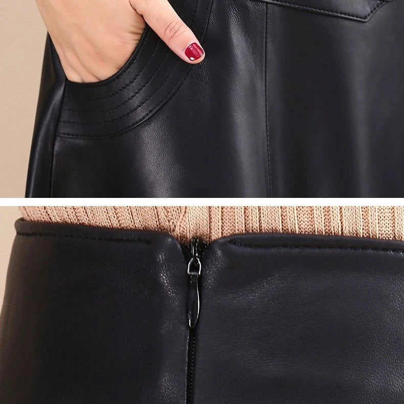 High Waist Leather Sheepskin Elegant Skirt