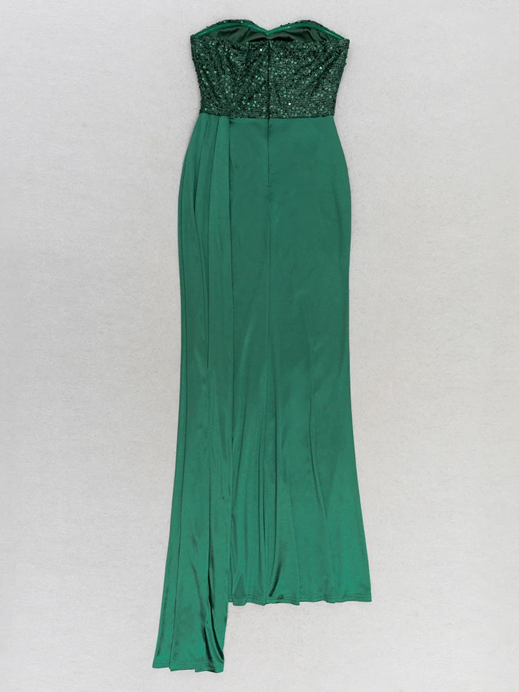 Strapless Sequins Pacthwork Pleated Maxi Dress
