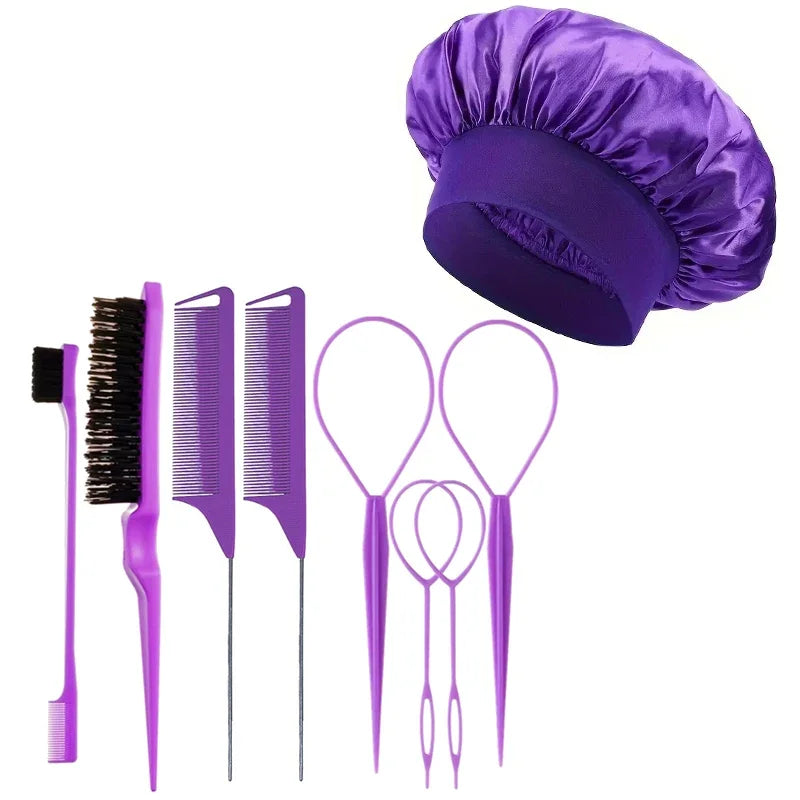 9pcs Hair Accessories Set Braider Satin Bonnet Rat Tail Nylon Bristle Brush Double-side Edge Comb Curly DIY Hair Styling Tools