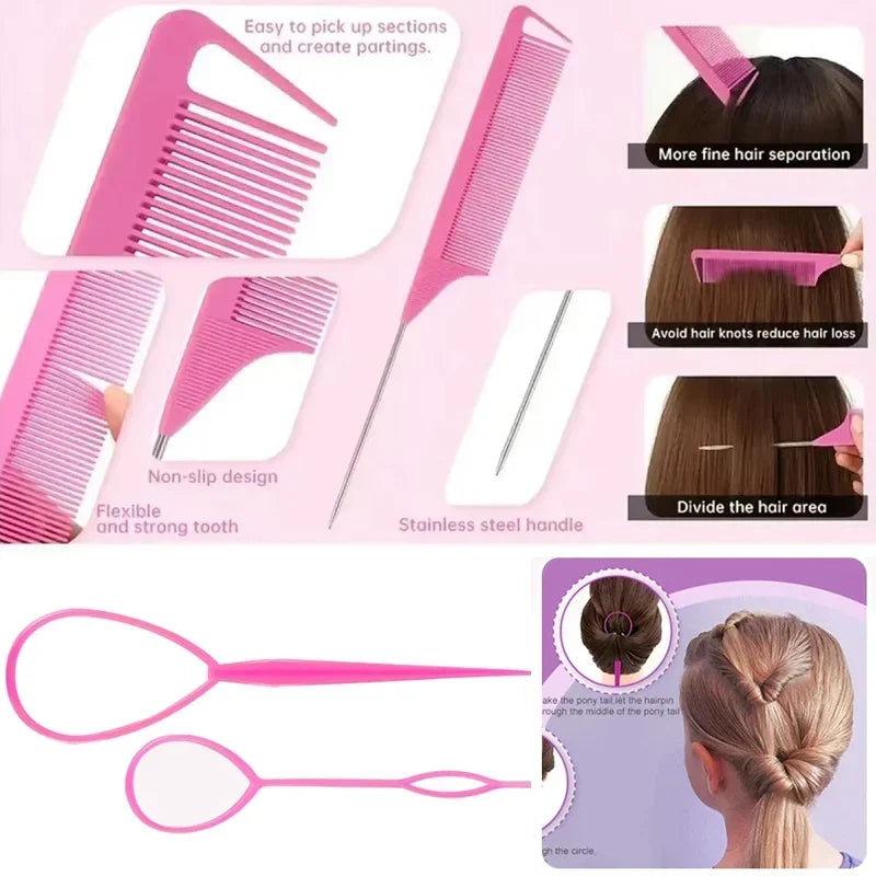 9pcs Hair Accessories Set Braider Satin Bonnet Rat Tail Nylon Bristle Brush Double-side Edge Comb Curly DIY Hair Styling Tools