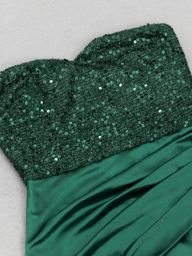 Strapless Sequins Pacthwork Pleated Maxi Dress