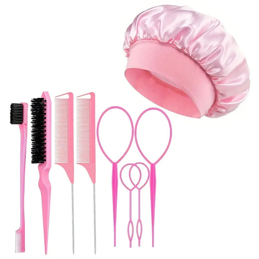 9pcs Hair Accessories Set Braider Satin Bonnet Rat Tail Nylon Bristle Brush Double-side Edge Comb Curly DIY Hair Styling Tools
