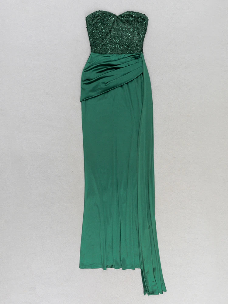 Strapless Sequins Pacthwork Pleated Maxi Dress
