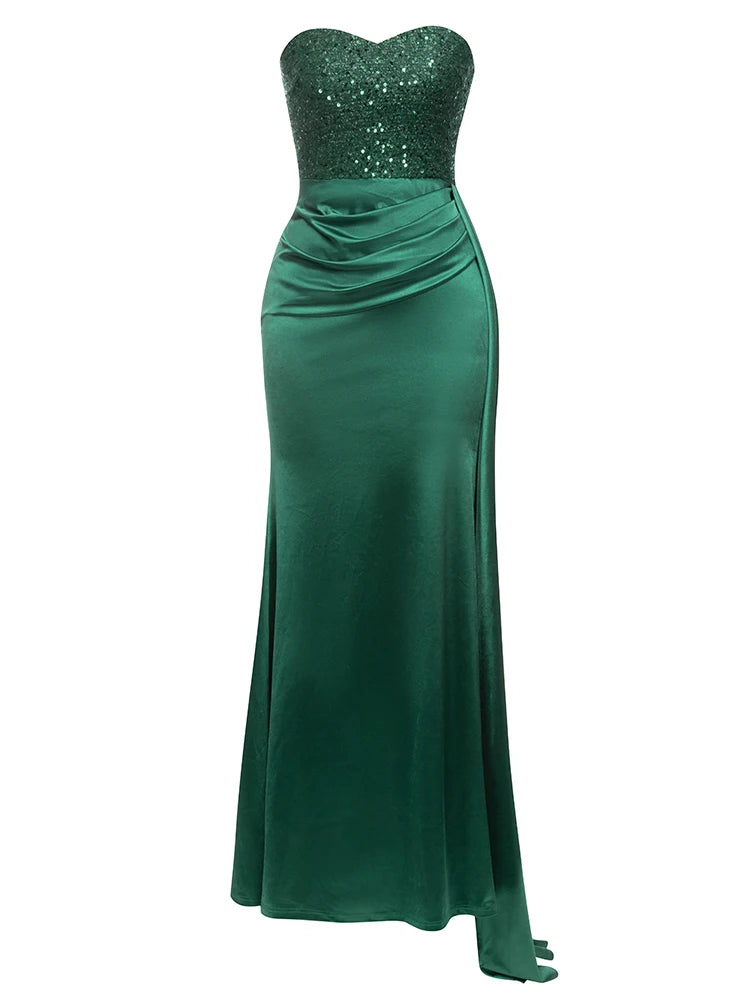 Strapless Sequins Pacthwork Pleated Maxi Dress