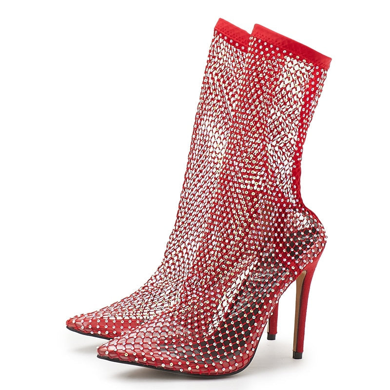 Crystal Rhinestone Mesh Stretch Fabric Sock Boots