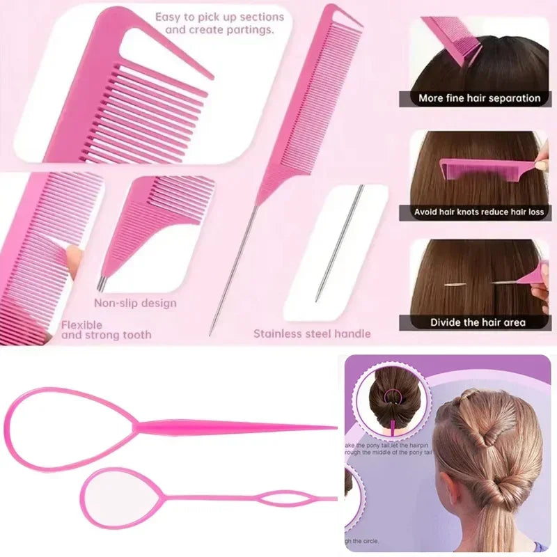 9pcs Hair Accessories Set Braider Satin Bonnet Rat Tail Nylon Bristle Brush Double-side Edge Comb Curly DIY Hair Styling Tools