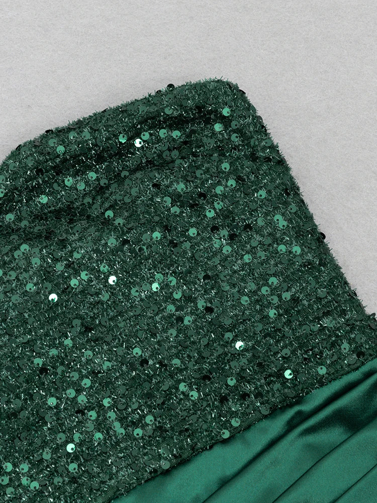 Strapless Sequins Pacthwork Pleated Maxi Dress