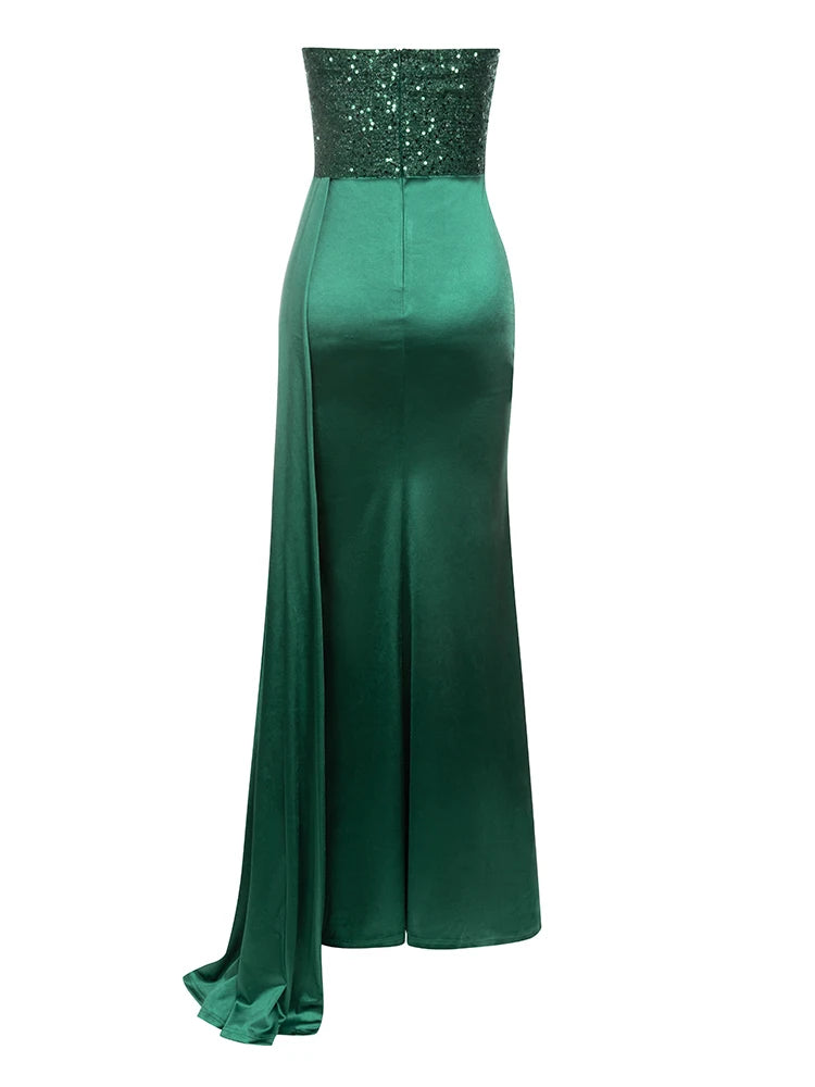 Strapless Sequins Pacthwork Pleated Maxi Dress