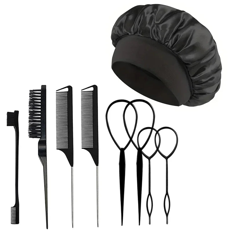 9pcs Hair Accessories Set Braider Satin Bonnet Rat Tail Nylon Bristle Brush Double-side Edge Comb Curly DIY Hair Styling Tools